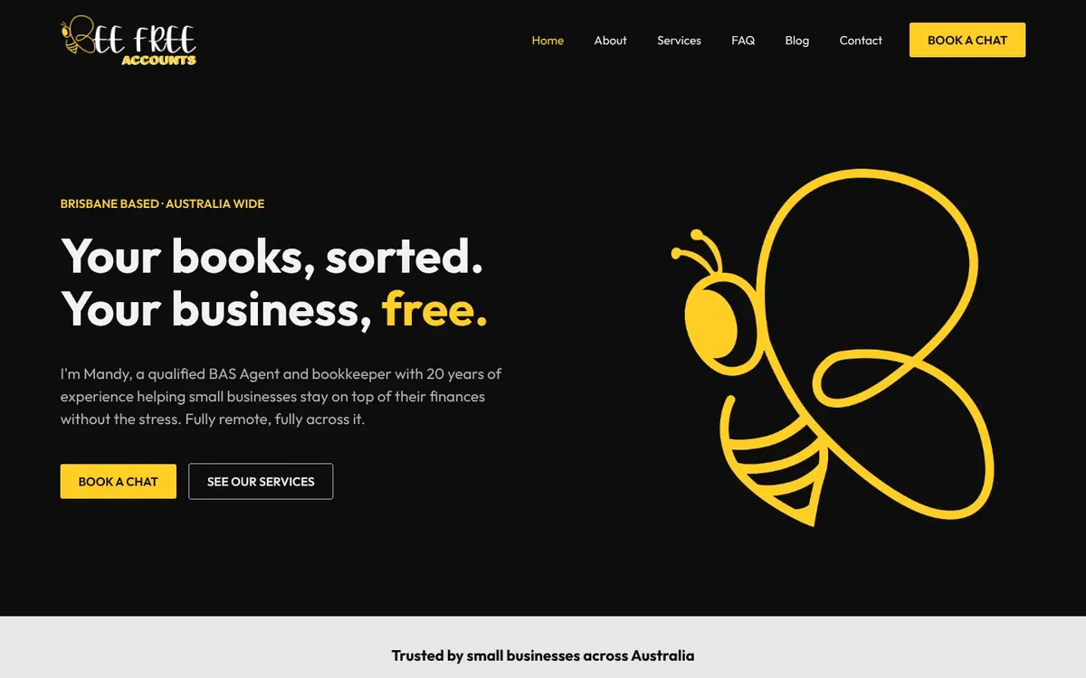 Home page of the BeeFree Accounts website
