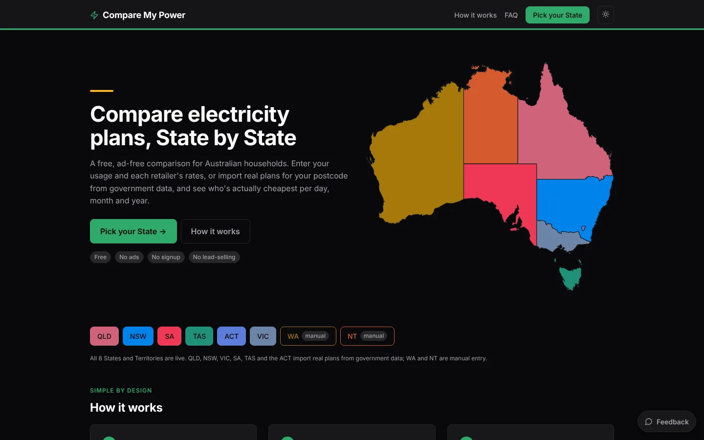 Compare My Power home page in dark mode