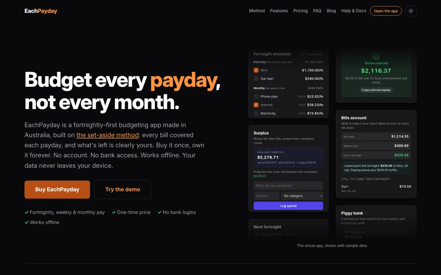 EachPayday home page in dark mode